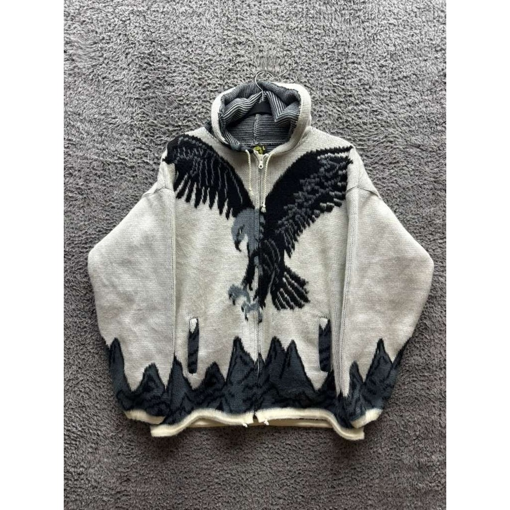 Vintage Tejidos Ruminahui Eagle Ecuador Wool Full-Zip Hooded Sweater Mens Size L